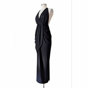 BEBE Dress Halter Draped Black Grecian Jersey Surplice Open Back Stretch Maxi XS